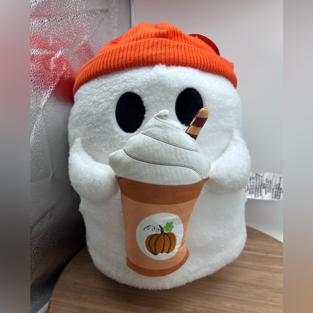 Ghost Pillow with Pumpkin Spice Latte and Orange Beanie Viral 16 inch NEW Plush